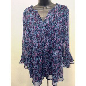 Charter Club  Top Blouse Women XL Semi Sheer Black Inner Front Lining Paisley